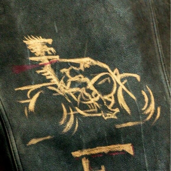 Vintage smoke gray distressed leather bomber jacket rivet closures hand painted - Picture 2 of 13